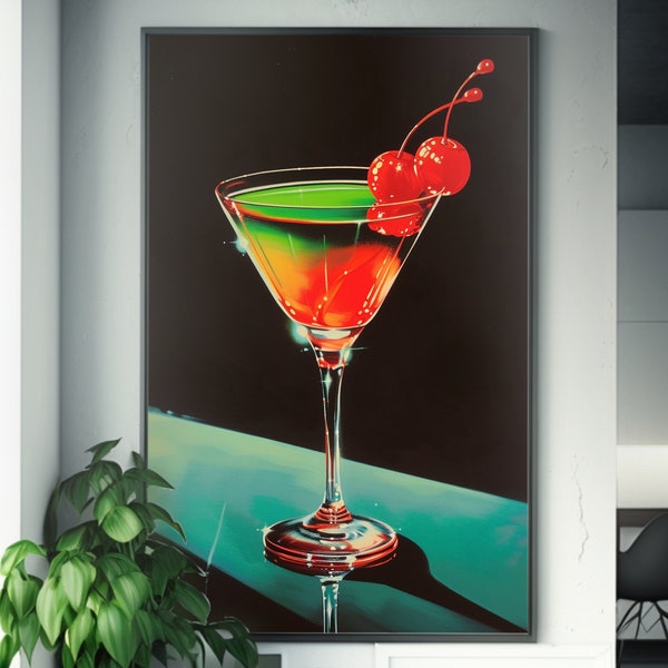 Vintage Art Deco Martini Poster | Cherry Accent | American Scene Artwork | Masterpiece Reproduction | Velvet Painting Décor | Wall Art Decor