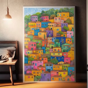 Colorful Favela Houses Poster | Naive Art Style | Detailed Urban Landscape | Vibrant Building Artwork | Rio Hillside Painting | Wall Art