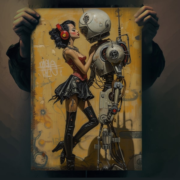 Cyberpunk Retrofuturism Poster | Woman Kissing Robot | Steampunk Art | Diesel Punk Female | Western Cyborg | High-Q