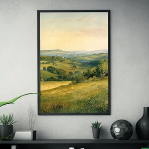 Vintage American Landscape Art - Hilly Homestead Matte Poster, Barbizon School Influence, Church & Russian Realism Inspired, Wall Art Decor