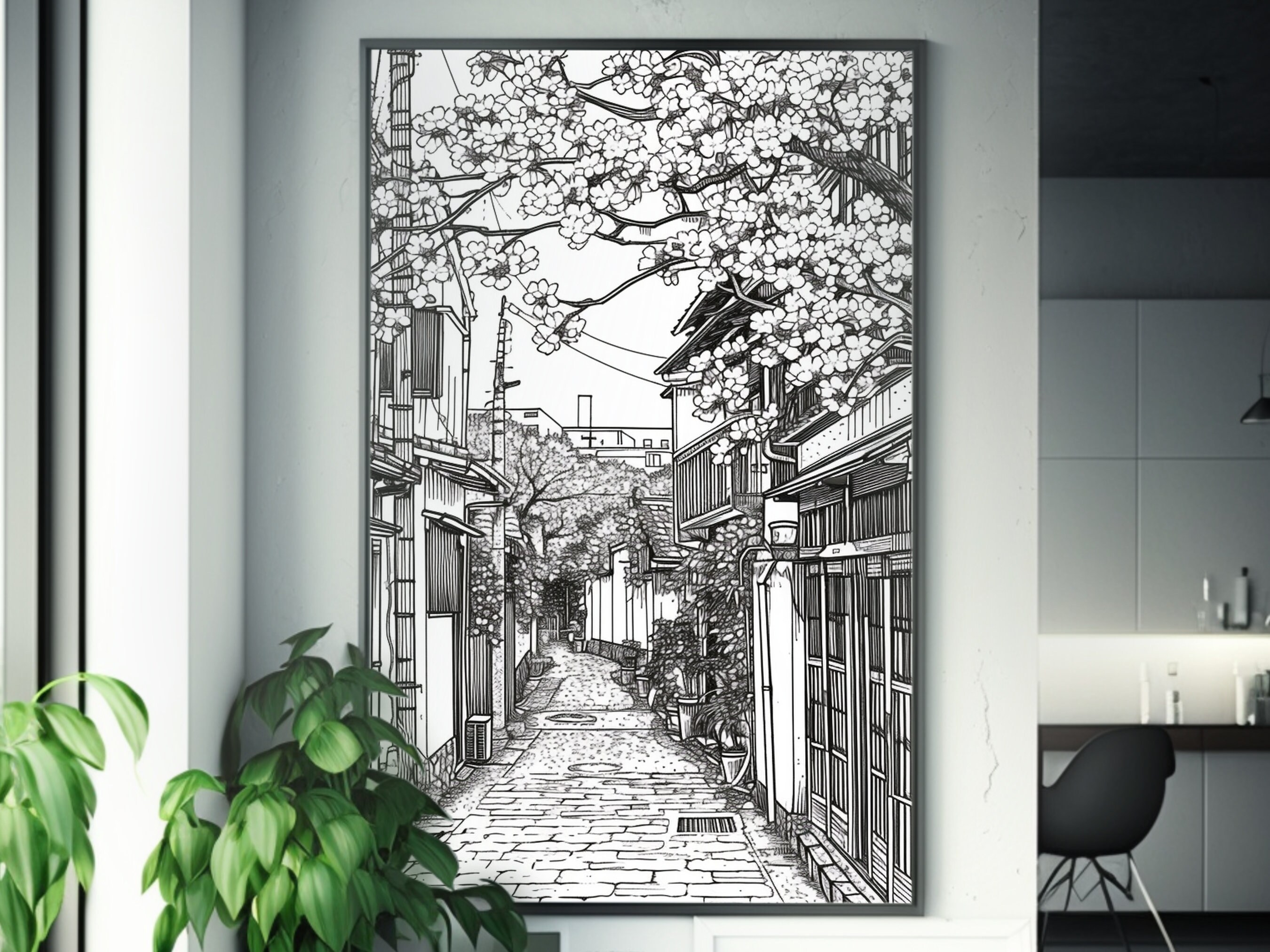Anime City Street Poster Lineart Design Black & White Art Inspired by ...