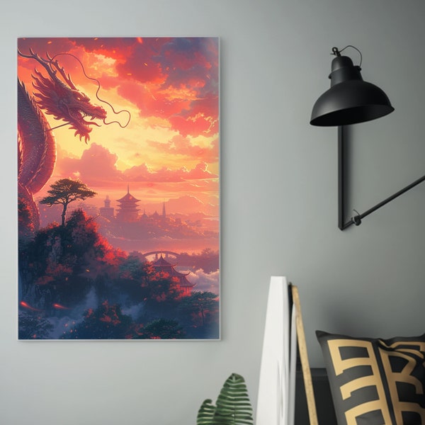 Dragon Soaring Over Peaks | Oriental Fantasy Art Poster | Mystic Mountain Landscape | Matte Painting | Trendy Wall Décor | Scenic Backdrop |