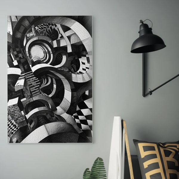 Abstract Spiral Staircase Artwork | Escher-like Architecture | Penrose Illusion Concepts | Monochrome Sketch | Optical Illusion Print | Wall