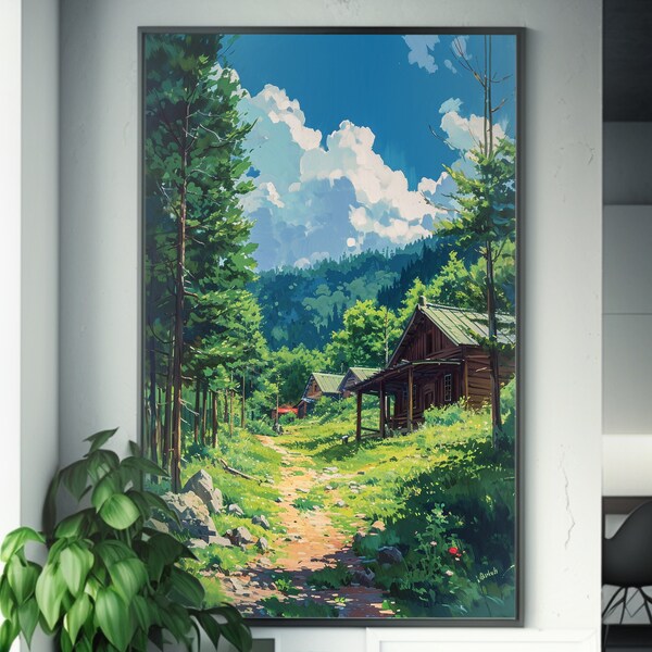 Cabane dans les bois | Poster d'art de paysage américain | Art inspiré de Shishkin | Impression Artstation | Décoration murale | Décoration d'intérieur rustique