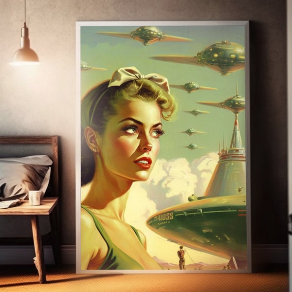 Vintage Sci-Fi City Poster - Umarme neue Horizonte mit einer mutigen und mutigen Frau an der Spitze der Erforschung