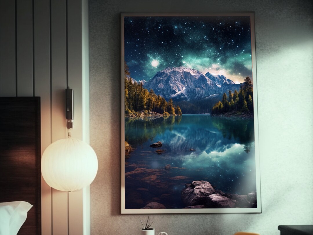 Starry Night Sky Over Mountain Lake Space Art Poster Nighttime Nature