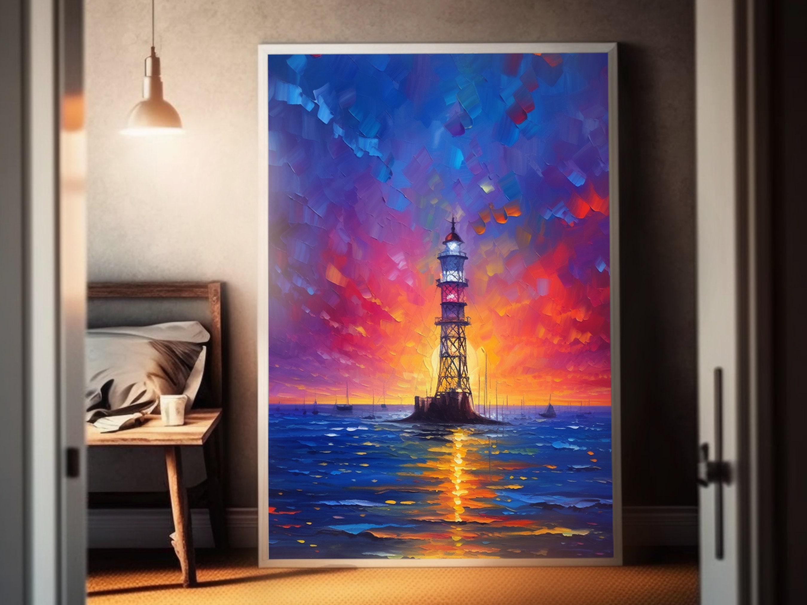 Colorful Seascape Oil Painting, Bright Canvas Art, Living Room