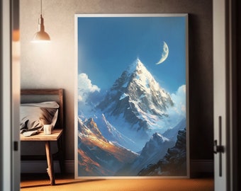 Fantasy Mountain Moon | Matte Poster Art | Detailed Mountainous Scenery | Home Decor | Wall Hanging Art | Artistic Blue Sky | Gift Idea