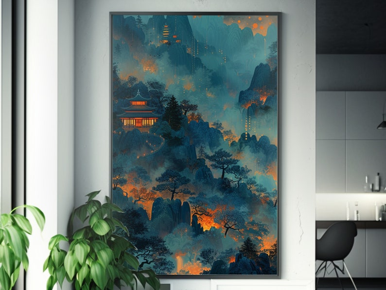Ancient Chinese Mountaintop Pagoda Matte Painting Art Oriental ...