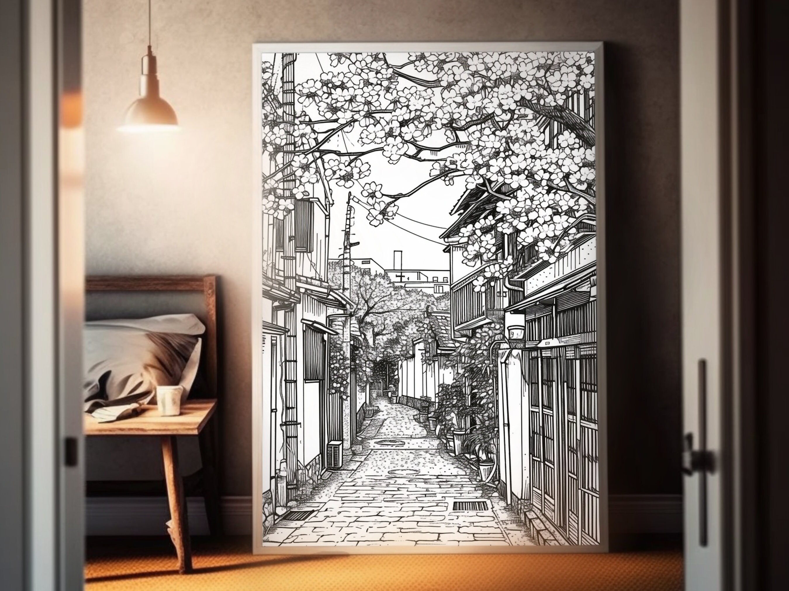 Anime City Street Poster Lineart Design Black & White Art Inspired by ...