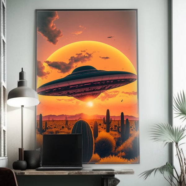 Voyage en vaisseau spatial au coucher du soleil dans le désert | Art inspiré de David A. Hardy | Gagnant du concours Pixabay | Poster d'ufologie et d'art spatial