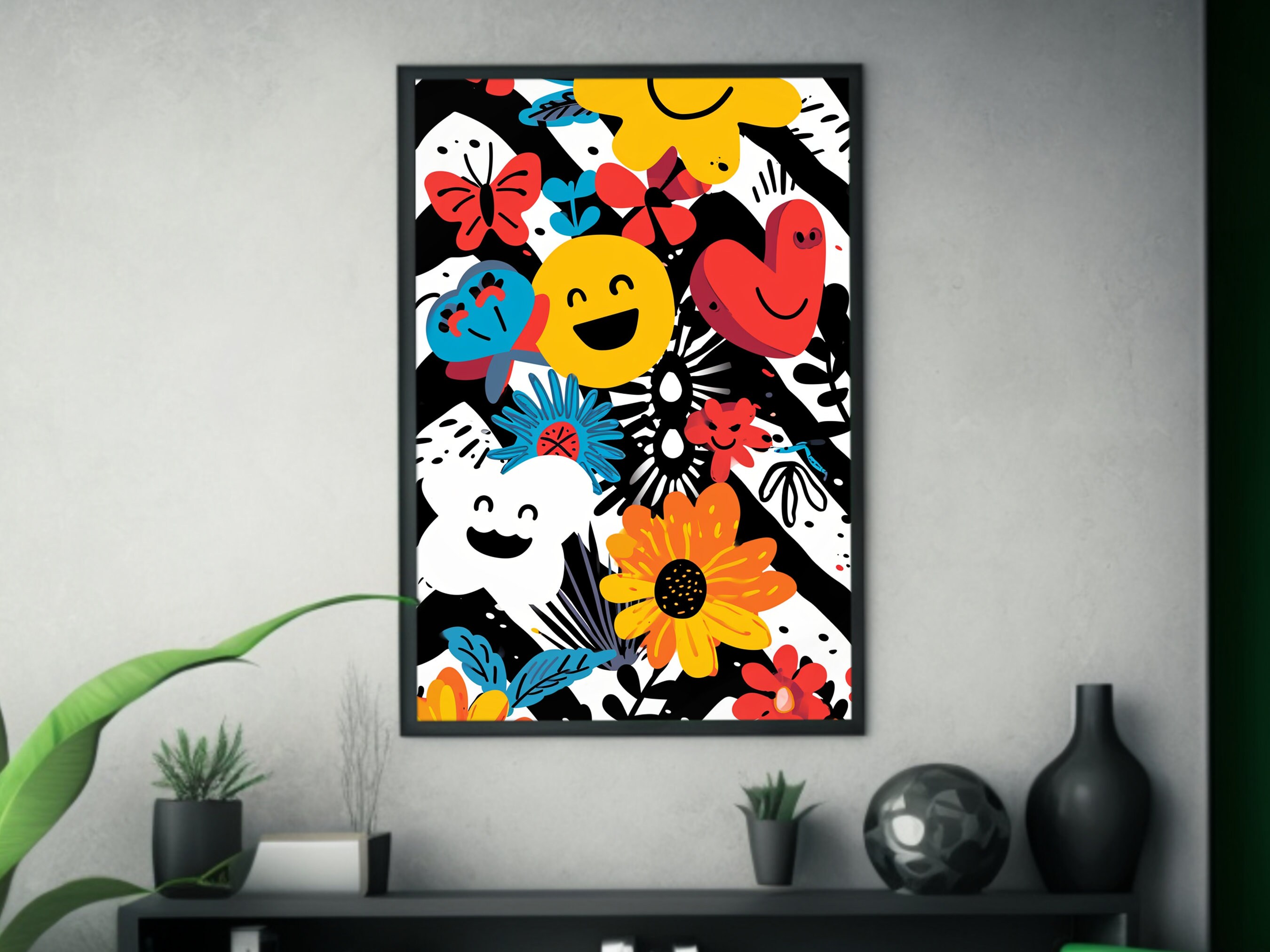 Smiley Face & Flower Vector Poster Naive Art Inspired Emoji Collection