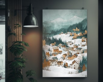 Winter Village Snowscape Art - Ultrafine Detail Ink Painting - Modern Landscape Poster - Snowy Scenery - European Art - Wall Art Decor
