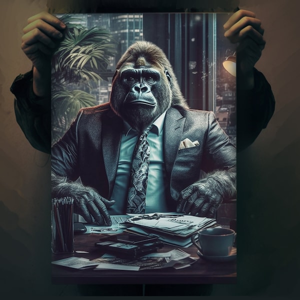 Quirky Animal Office Art | Dapper Giraffe and Baboon in Suits Poster | CEO Gorilla Wall Decor | Furry Art by Alex Petruk APe