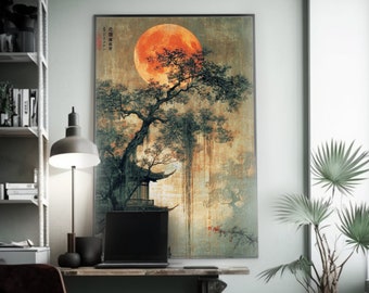Oriental Tree and Full Moon Artwork | Cloisonné Style | Traditional Chinese Painting Poster | Lunar Imagery | Wall Art Decor | Asian