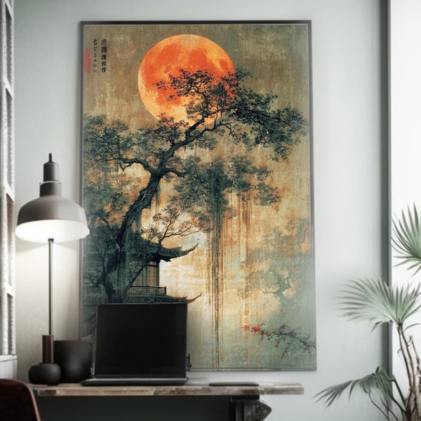 Oriental Tree and Full Moon Artwork | Cloisonné Style | Traditional Chinese Painting Poster | Lunar Imagery | Wall Art Decor | Asian