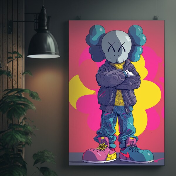 Affiche funky du personnage inspirée de KAWS par Cafer Bater. Gagnant Behance, Mandkaws, Candypunk Design. Art unique, couleurs vives, moderne