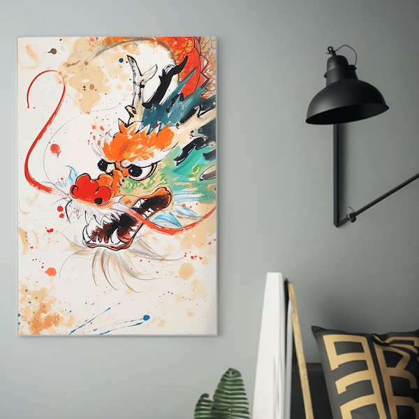 Art du dragon | Art conceptuel chinois détaillé | Peinture à l'huile sur toile | Laque ultrafine | Inspiré du Qi Baishi | Dribble en vedette | Clo