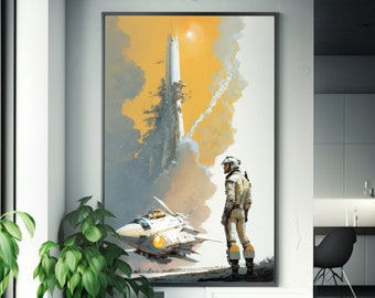 Man in Spacesuit with Spaceship Artwork | Retrofuturistic Poster | John Berkey Inspired Style | White Panel Wall Decor | CGSociety Art