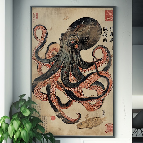 Octopus & Turtle Silk Screen Artwork - Ukiyo-e Inspired Print - Pixiv Featured - Japanese Sea Life Poster - Wall Art Decor -