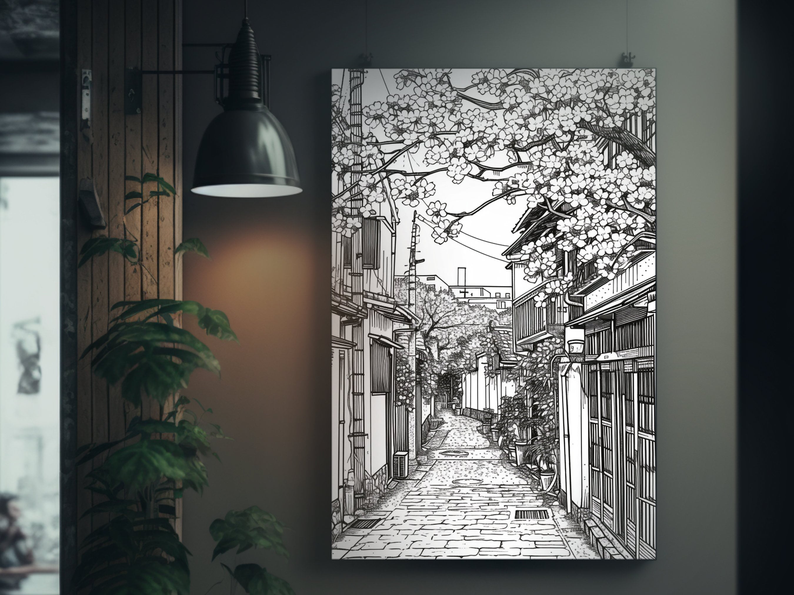 Anime City Street Poster Lineart Design Black & White Art Inspired by ...