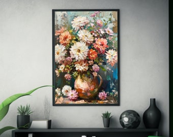 Impressionist Oil Painting | Chrysanthemum and Tulips in Vase | Floral Art Poster | Artstation | Wall Art Decor |