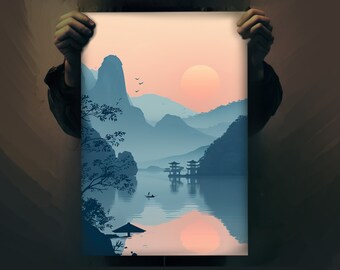 Oriental Scenery Print | Water, Mountains, Pagoda, Shadows | Cloisonnism Art | Digital Painting | Asian Inspired Wall Art |