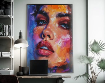 Vibrant Oil Painting | Female Portrait with Blue Eyes | Detailed Figurative Art | Intense Oil Medium | Intricate Portrait Artwork | Wall