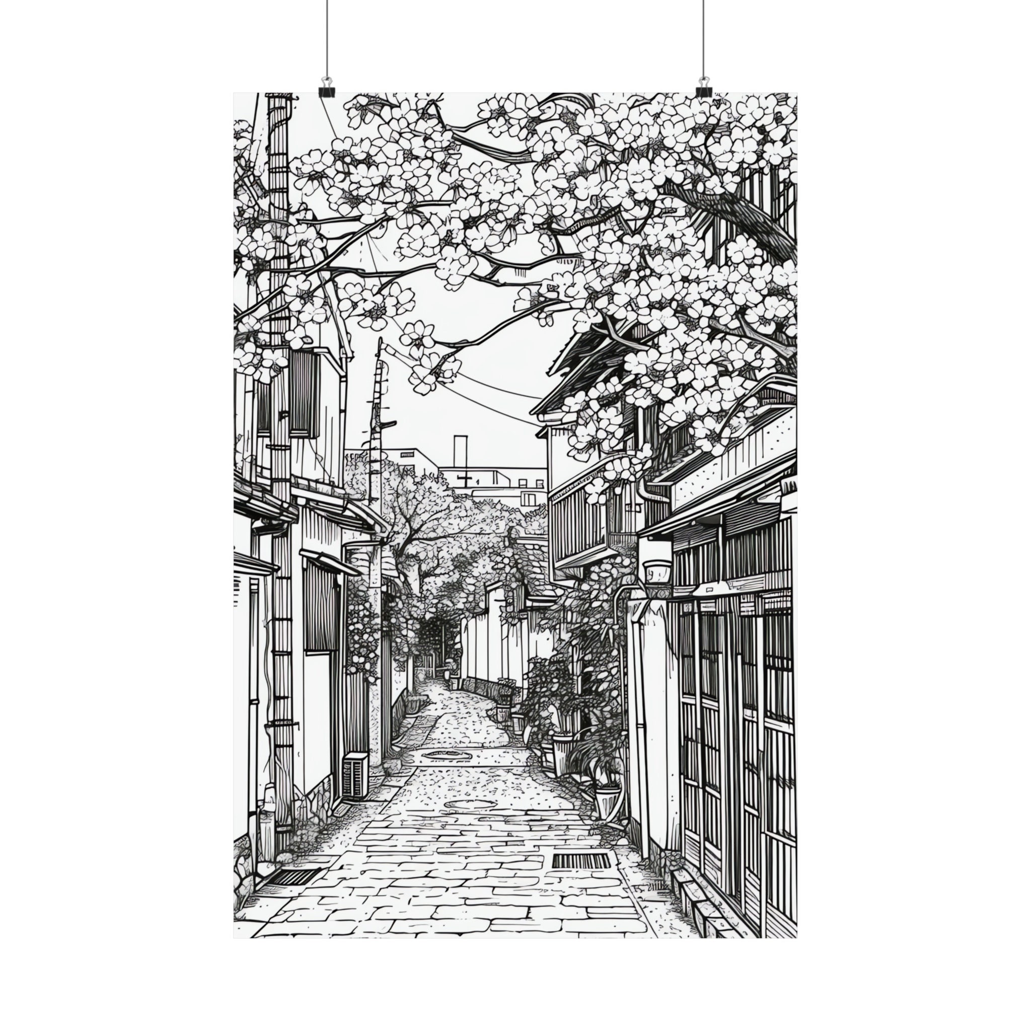 Anime City Street Poster Lineart Design Black & White Art Inspired by ...