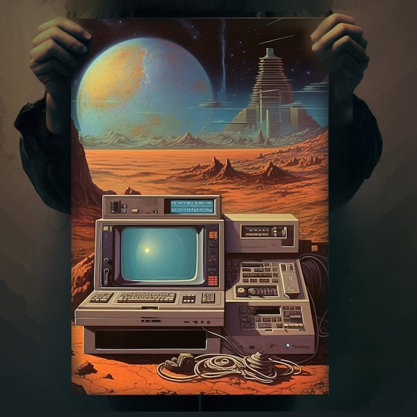 Retrofuturism Computer & Monitor in Desert | 1980s Synthwave Art | Sci-Fi Matte Painting Poster | Retro Futurism Wall Decor