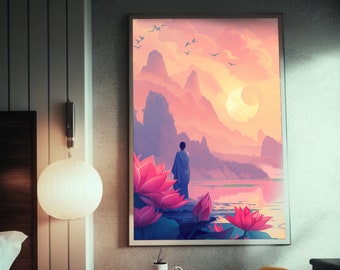 Fantasy Art Print: Figure on Cliff | Behance Award Winner | Vibrant Colors | Retro Futuristic Style | Inspired by Iconic Artistry