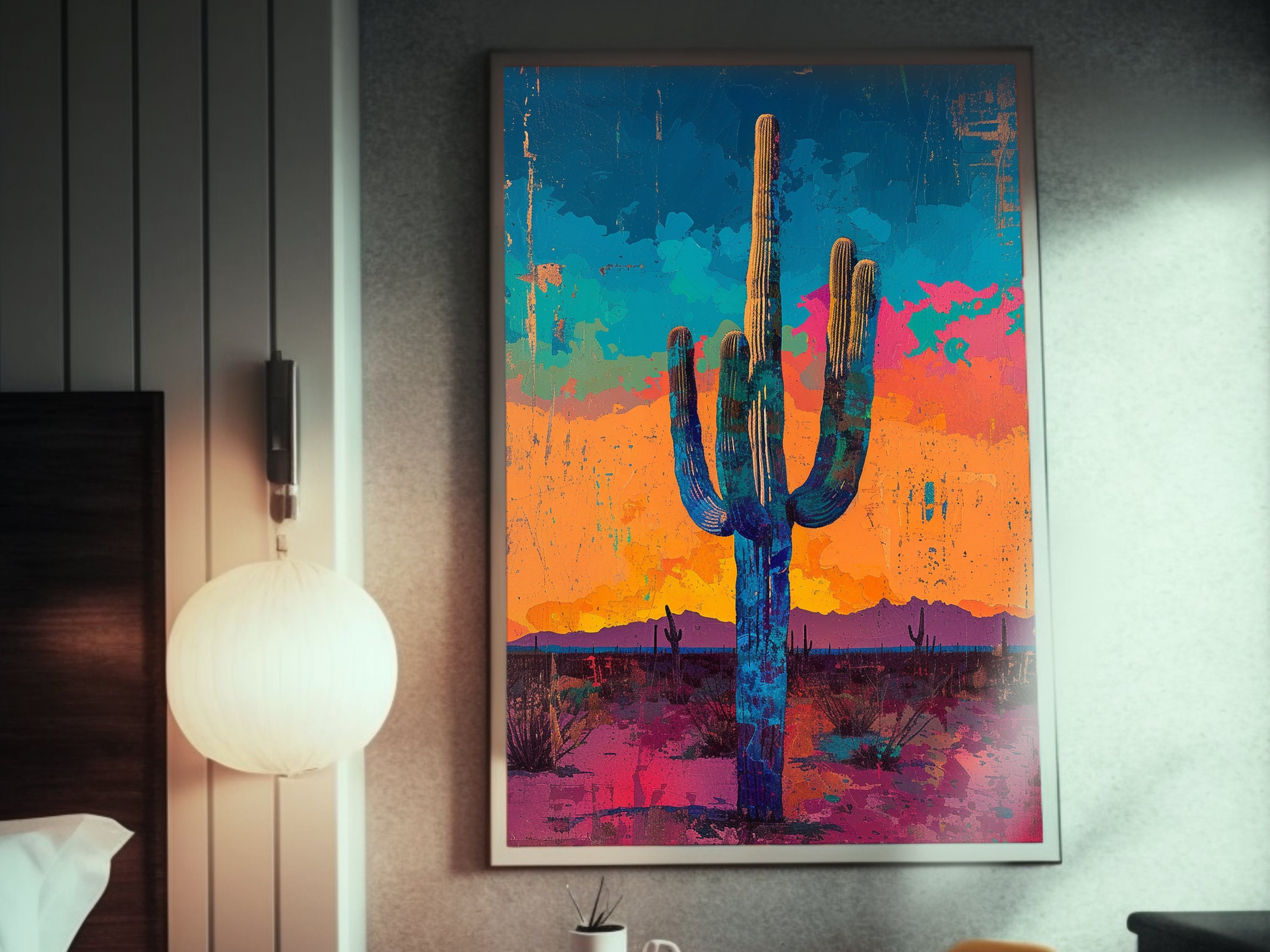 Desert Cactus Pop Art Poster | Saguaro Scene Painting | American Wild West Background | Western Theme | Award-Winning Artwork | Wall