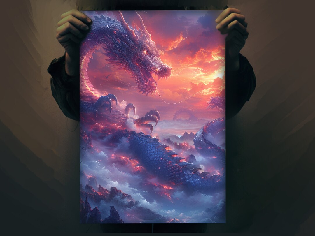 Dragon Soaring Through Cloudy Sky Fantasy Art Poster Matte Painting ...