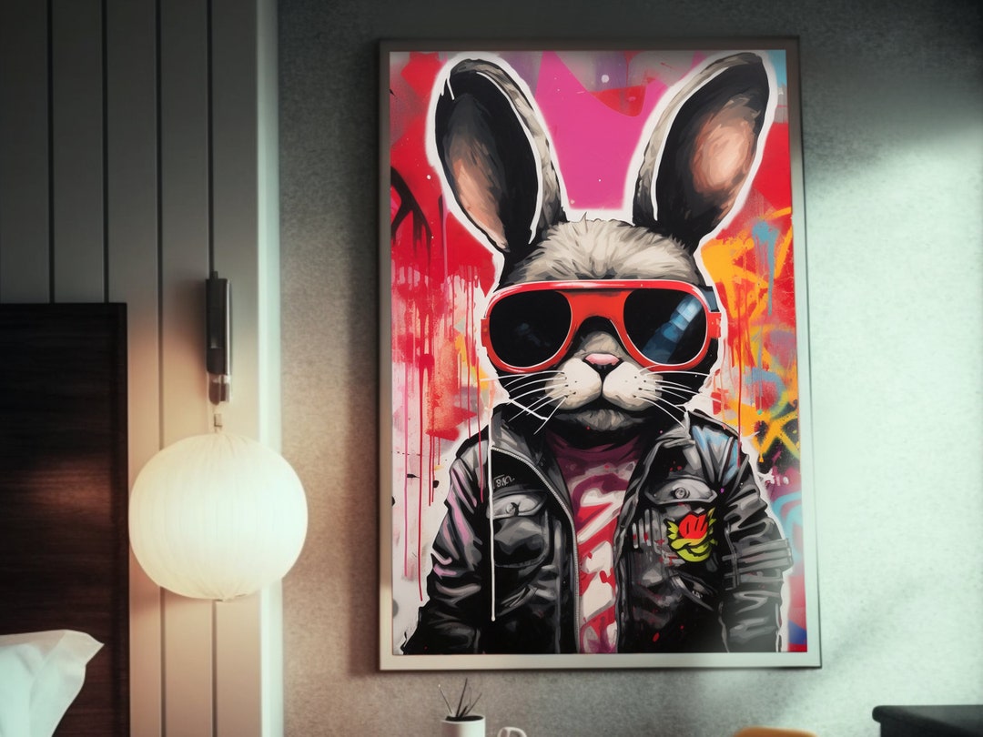 Graffiti Rabbit in Sunglasses and Leather Jacket Art Funky Bunnypunk ...