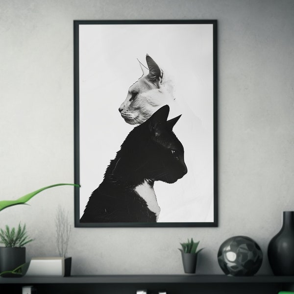 Double-Exposure Animal Poster | Black & White Cat Dog Conceptual Art | Love for Pets Illustration | Photocopy Art Print | Wall