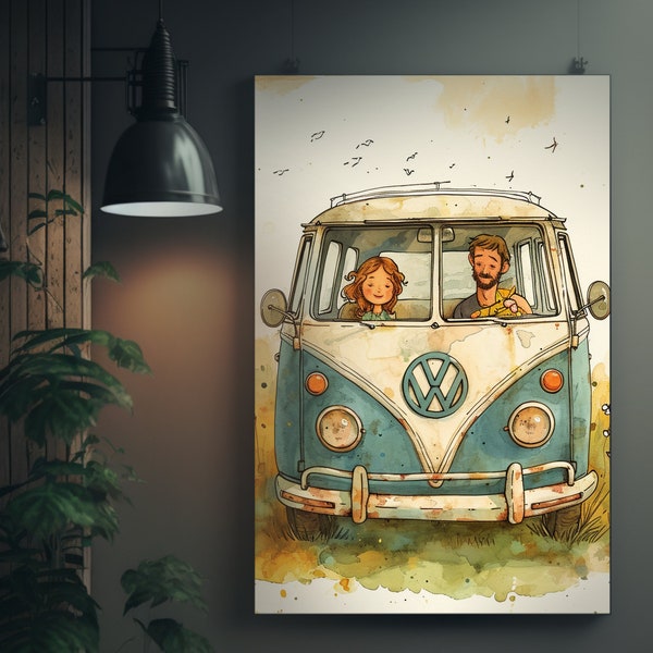 Betoverend realisme VW-busillustratie | Verhalenboek kunstafdruk | Magisch transport | Vintage charme | Surrealistische kunst | Sprookjesachtige stijl