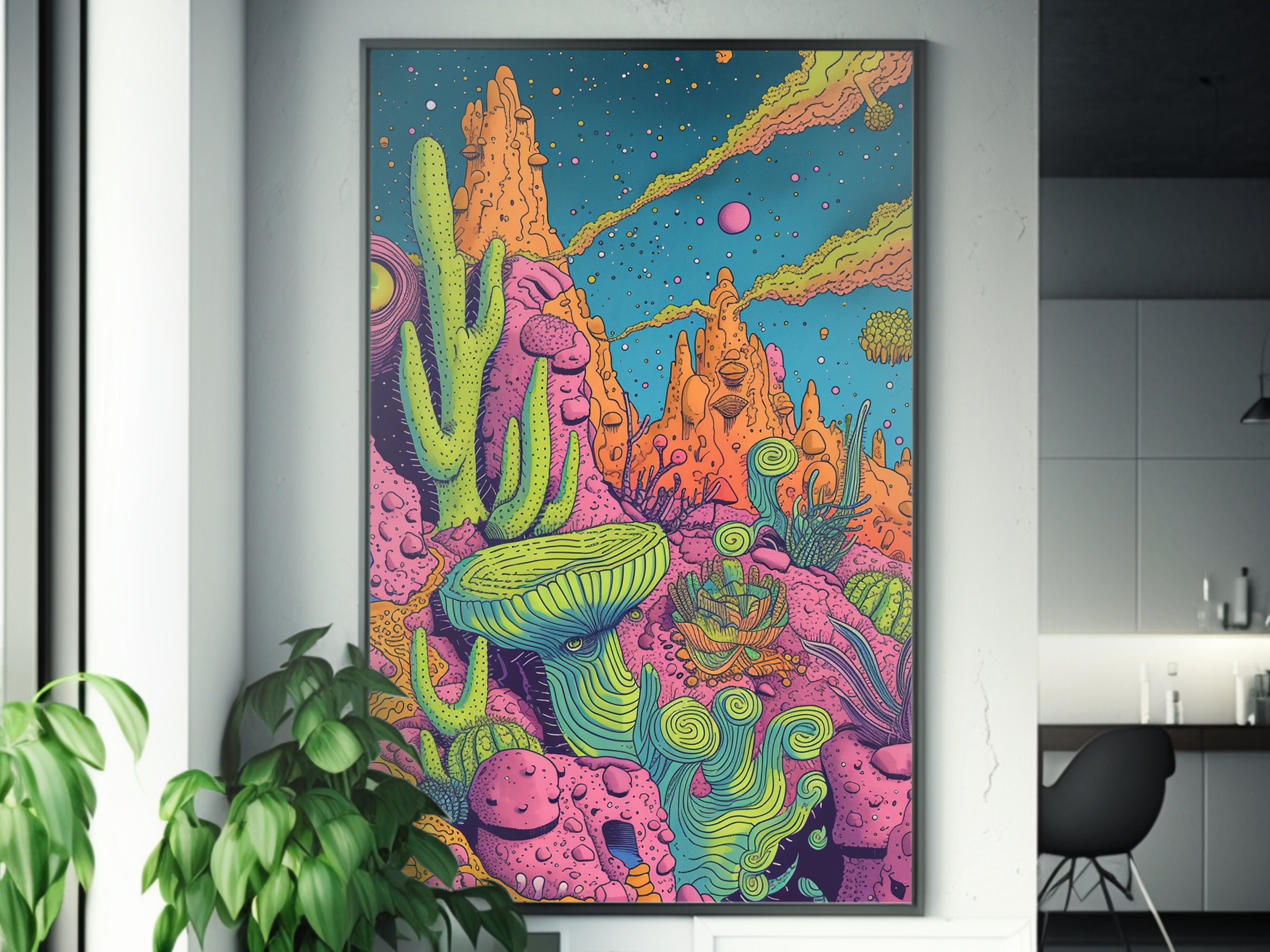 Tapisserie Murale Psychédélique Cactus Montagne - 228,6x177,8 Cm - Tissu Polyester, Décoration Hippie Boho Pour Chambre, Salon