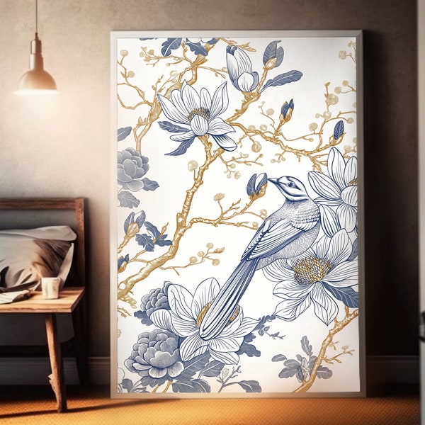 Vintage Rococo Bird Silk Screen Poster | Chinoiserie Pattern | Oriental Art Print | Asian Wallpaper | Luxurious Wall Art | Baroque Design