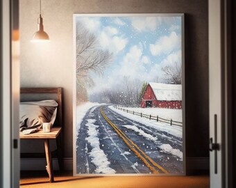 Winter Country Road Snowscape | American Landscape Art | Photorealistic Snowy Scene | Inspired by Classic Artistry | Wall Art Decor | Serene