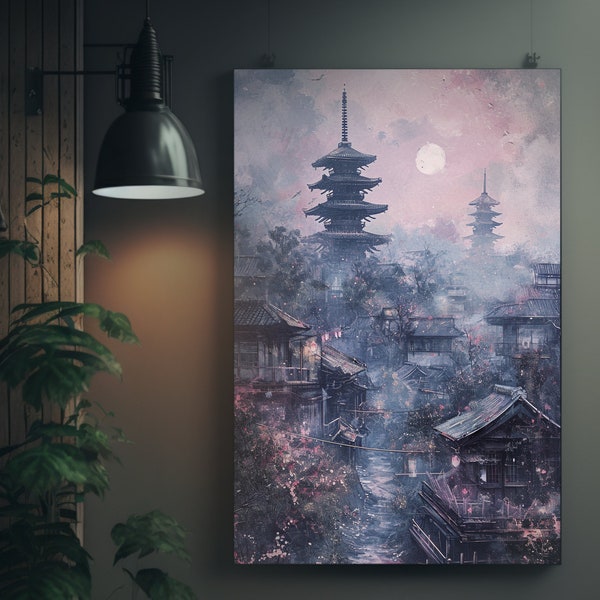 Japanese Pagoda Village | Matte Painting | Fantasy Art | Dreamy Chinese Town | Fantasy Landscape | Asian Scenery | Wall Art Decor