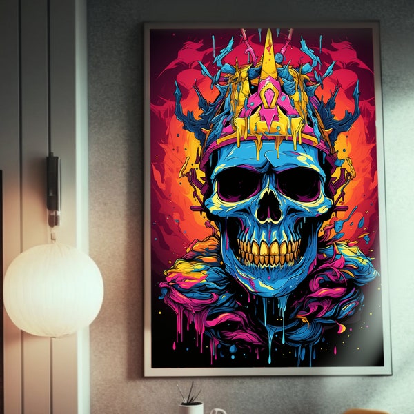 Psychedelic Skull Poster: Fantasy Graffiti Art, Vibrant Colors, Crown & Paint Splatters, Aztec Skull, Award Winner, Crown of Skulls