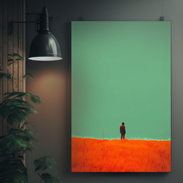 Minimalist Green Field Poster | Color Field Art | Lush Grass Scenery | Solitary Flower | Nature Print | Wall Art Decor | Home A