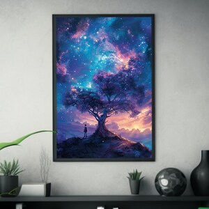 Cosmic Tree of Life Poster Fantasy Art Dream Scenery Hilltop Figure ...