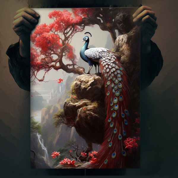 Peacock Fantasy Art | Matte Painting Wall Decor | Cinematic Phoenix Wallpaper | Elegant Detailed Tree & Rock Poster