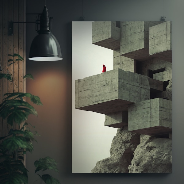 Dark Brutalist Fantasy: Neo Brutalism Concrete Structure Art - Matte Painting of Figure on Top | Retro Futurism | Space Art | Sci-Fi | Surre