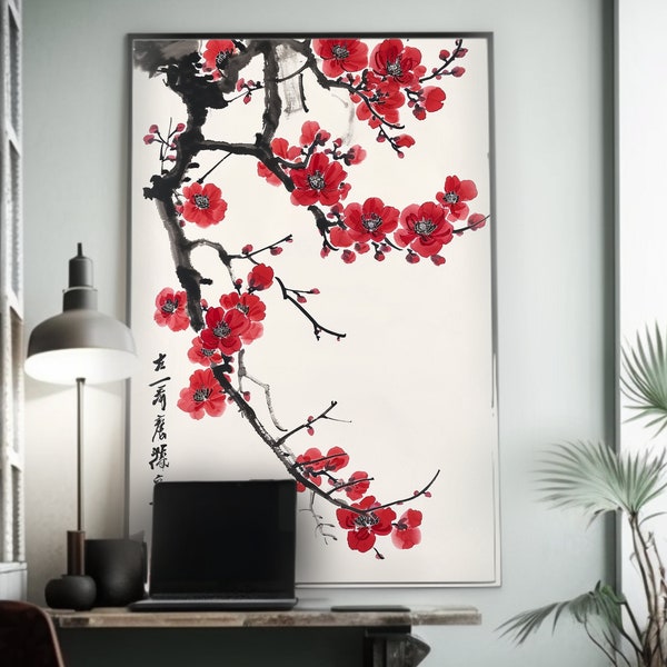 Fleurs rouges sur la branche | Art traditionnel chinois à l'aérographe | Grandes fleurs opaques | Inspiré du Qi Baishi | Oeuvre d'art calligraphique | U