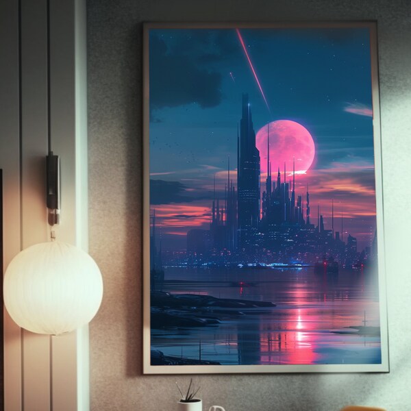 Futuristic City Art | Pink Moon Retrofuturism | Matte Painting Print | Starlit Sunset | Ethereal Urban Landscape | Wall Decor |