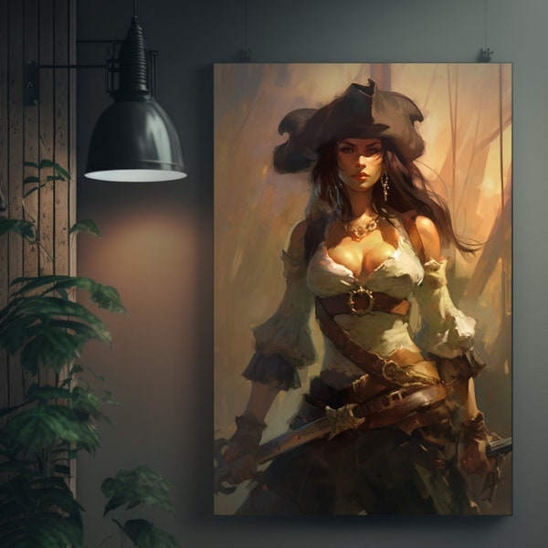 Fantasy Pirate Queen Fine Art Poster, Art Painting of Female Pirate Captain with Sword, CGSociety Artwork - Woman in Pirate Costume