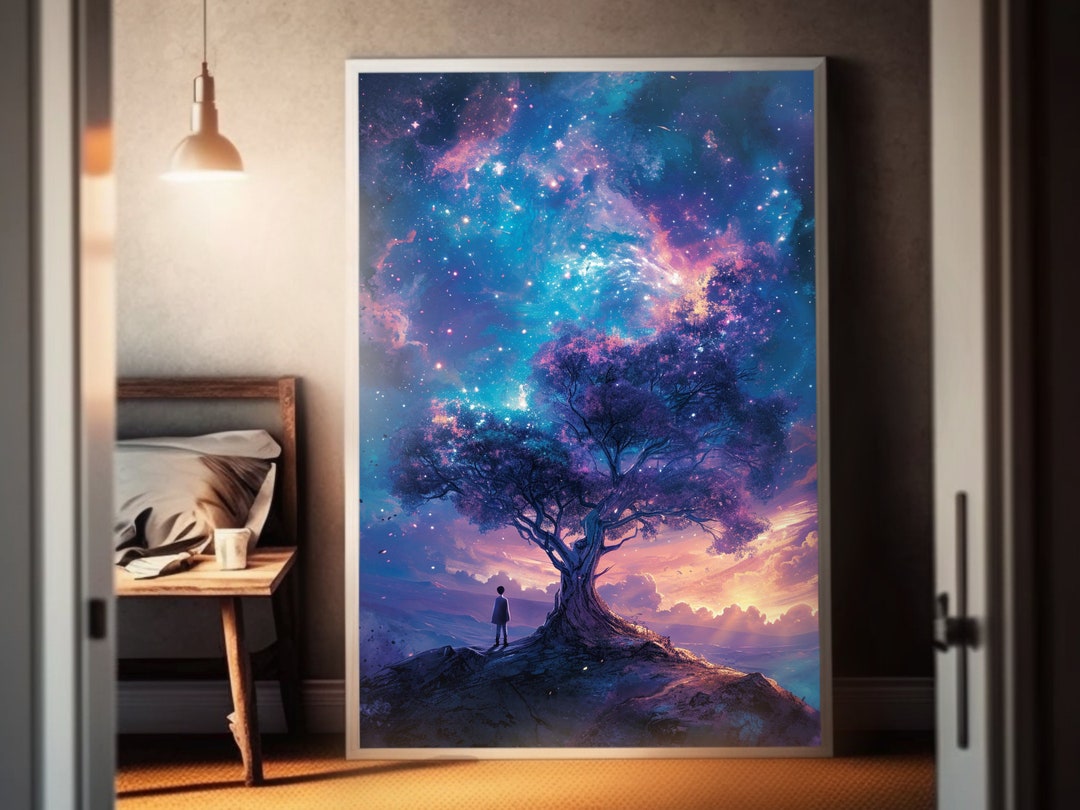 Cosmic Tree of Life Poster Fantasy Art Dream Scenery Hilltop Figure ...