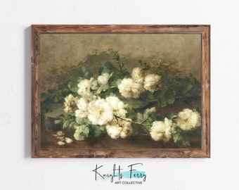 Vintage White Flowers Oil Painting: French Country Farmhouse Decor (Digital Download)